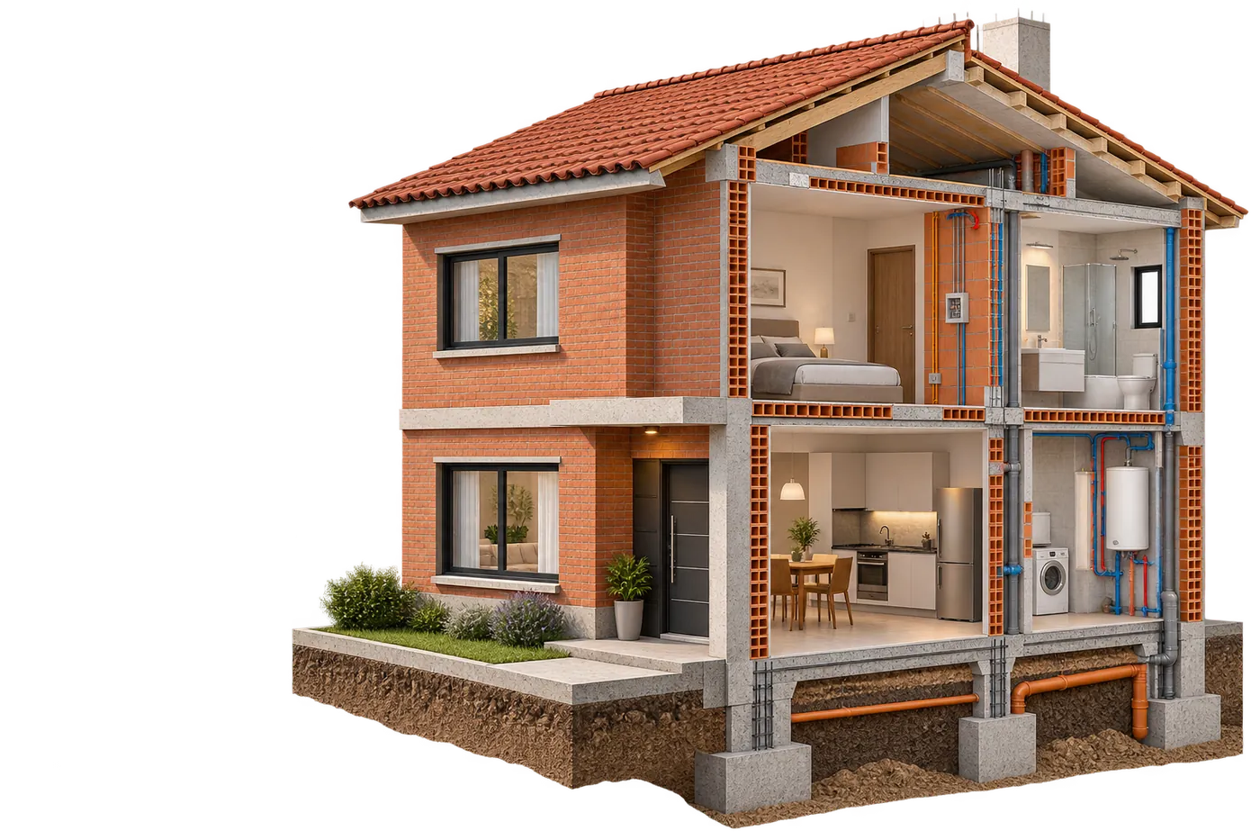 Ilustración de una casa de ladrillo en corte, con estructura, instalaciones y ambientes terminados