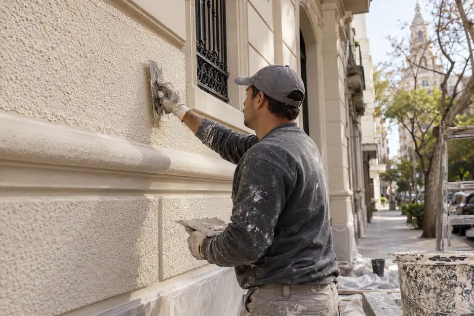 Aplicación ilustrativa de revestimiento símil Piedra París en una fachada